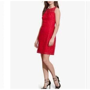 LAUREN Ralph Lauren Red Sleeveless Sheath Dress Circular Pattern Overlay Sz 16